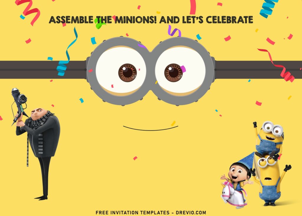 10+ Cute And Fun Minions Birthday Invitation Templates With Gru And Agnes and has yellow background