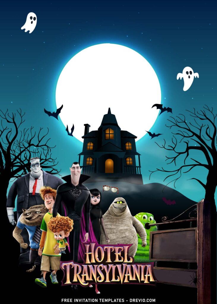 10+ Hotel Transylvania Birthday Invitation Templates with Haunted Castle Background with Blobby the Jell-O monster and Mavis