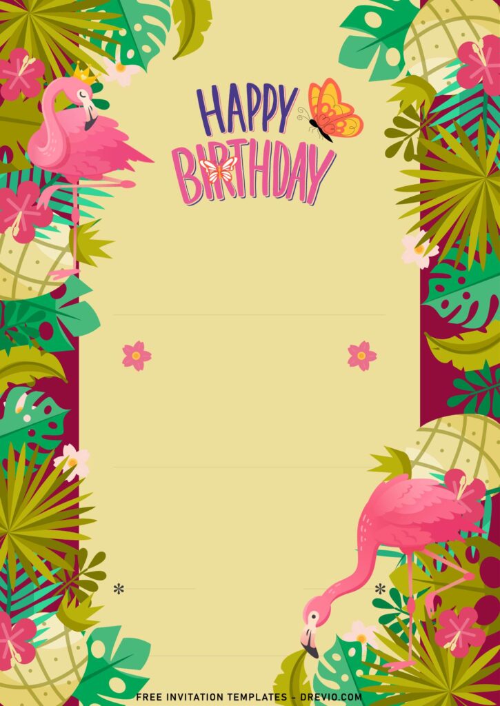 7+ Festive Summer Flamingo Birthday Invitation Templates with greenery foliage decorations