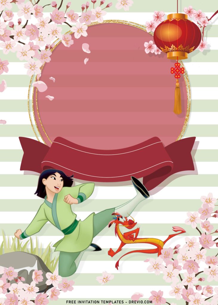 8+ Princess Mulan Birthday Invitation Templates with Mulan And Mushu doing kungfu