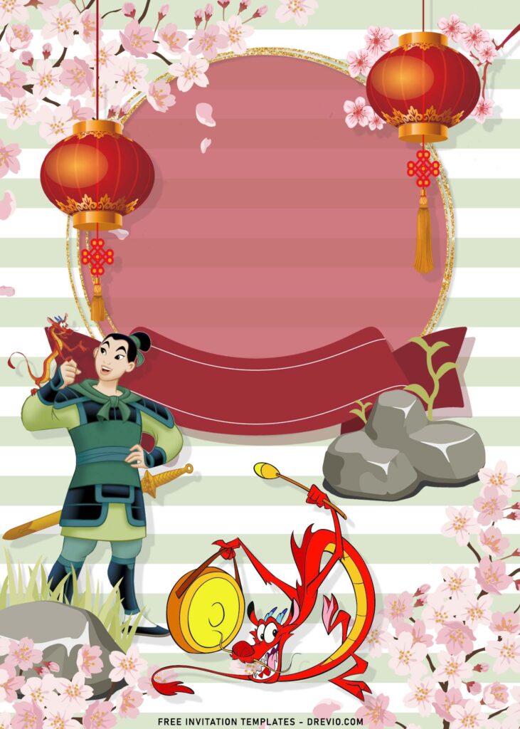 8+ Princess Mulan Birthday Invitation Templates with Chinese Lantern and Mushu the red dragon in Mulan