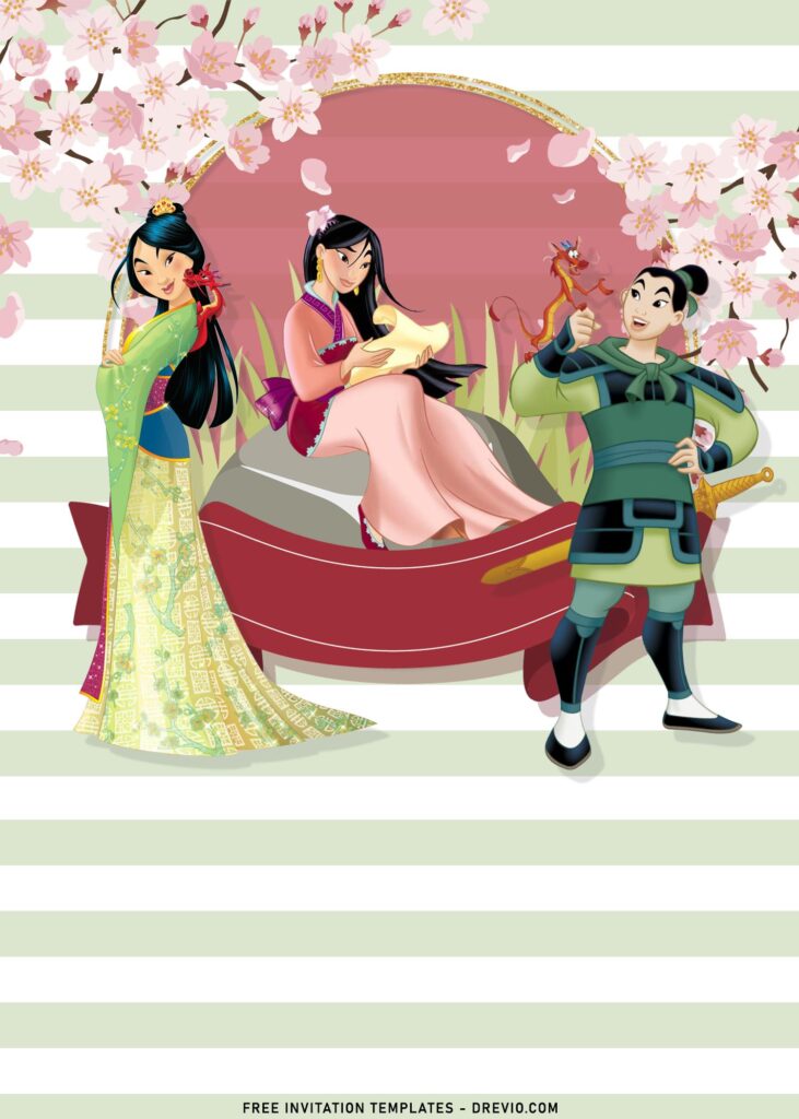 8+ Princess Mulan Birthday Invitation Templates with watercolor cherry blossom and peach pink stripes background
