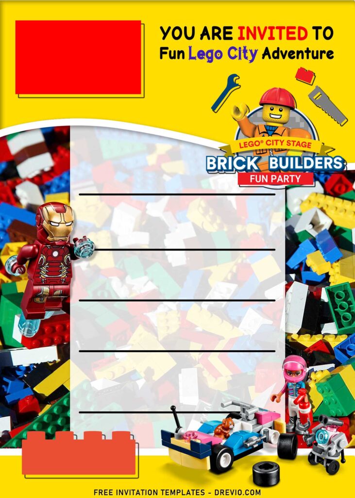 9+ Lego Birthday Invitation Templates For Kids Birthday Party with Lego Builder Toy