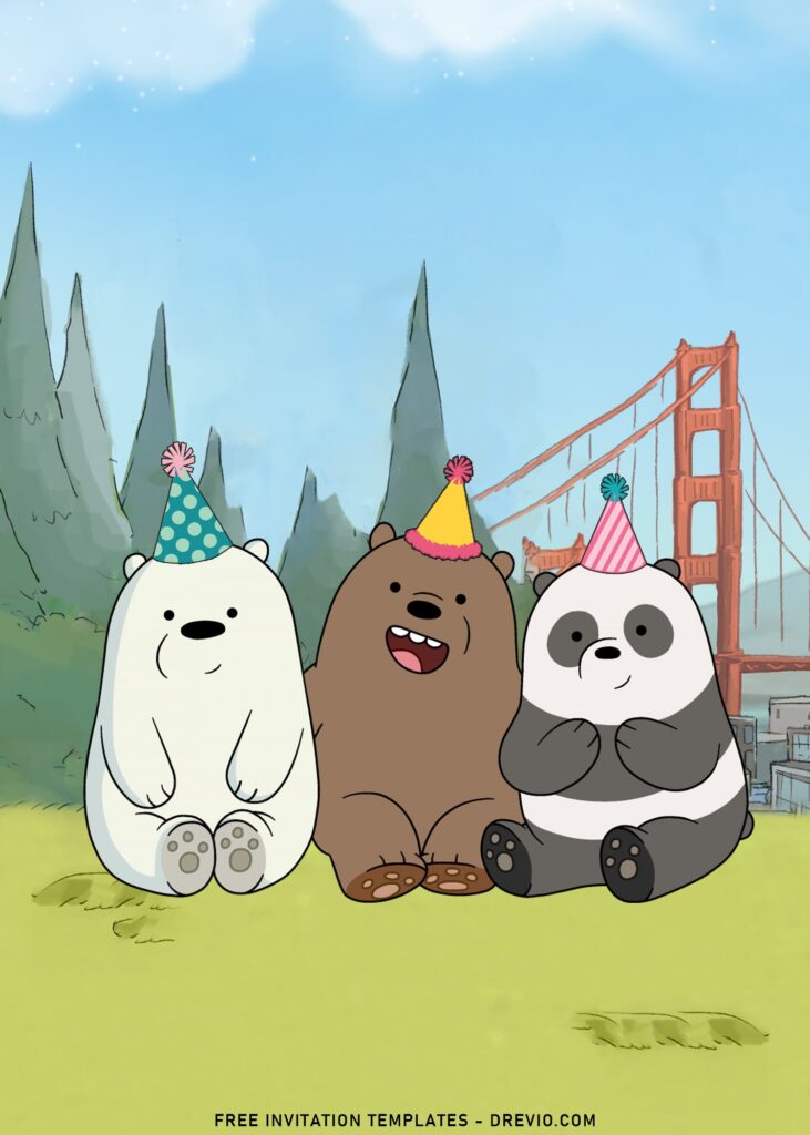 10+ Cute We Bare Bears Birthday Invitation Templates with Cute Bear wearing Birthday Hat
