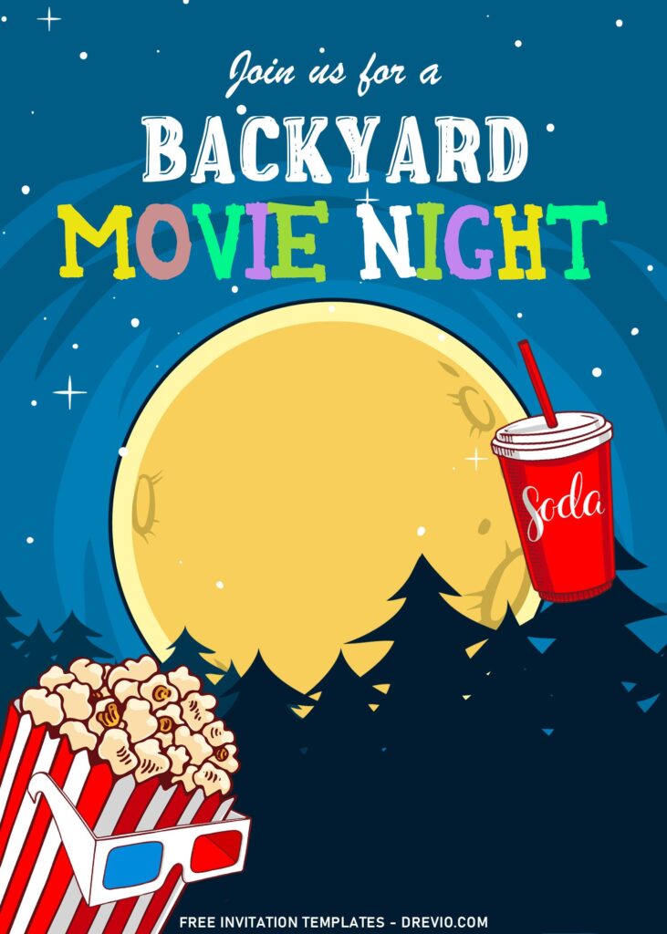 10+ Fun Backyard Movie Night Birthday Invitation Templates with cup of soda and popcorn