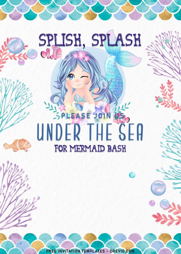 9+ Mermaid And Friends Birthday Invitation Templates with watercolor sea animals