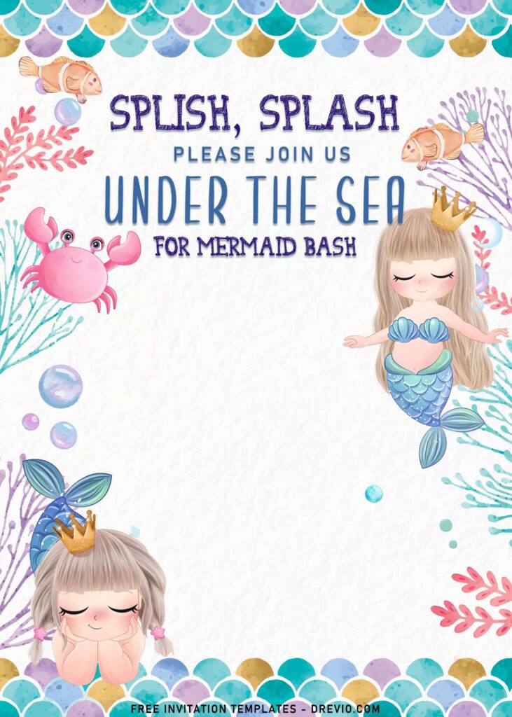 9+ Mermaid And Friends Birthday Invitation Templates with watercolor crab and Mermaids