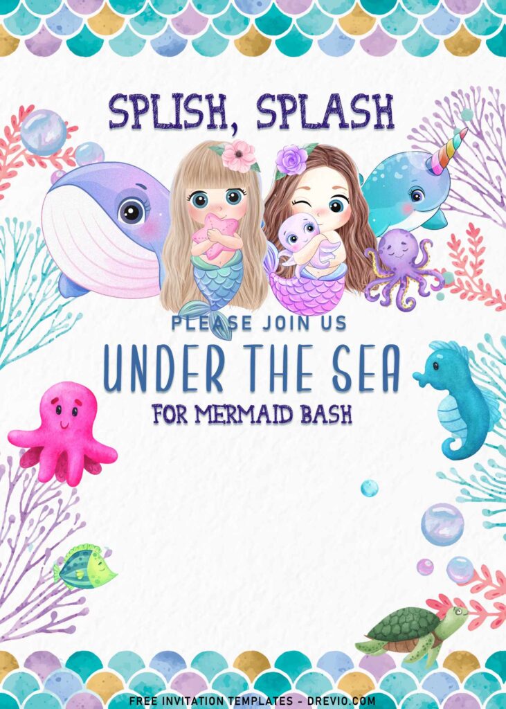 9+ Mermaid And Friends Birthday Invitation Templates with cute octopus