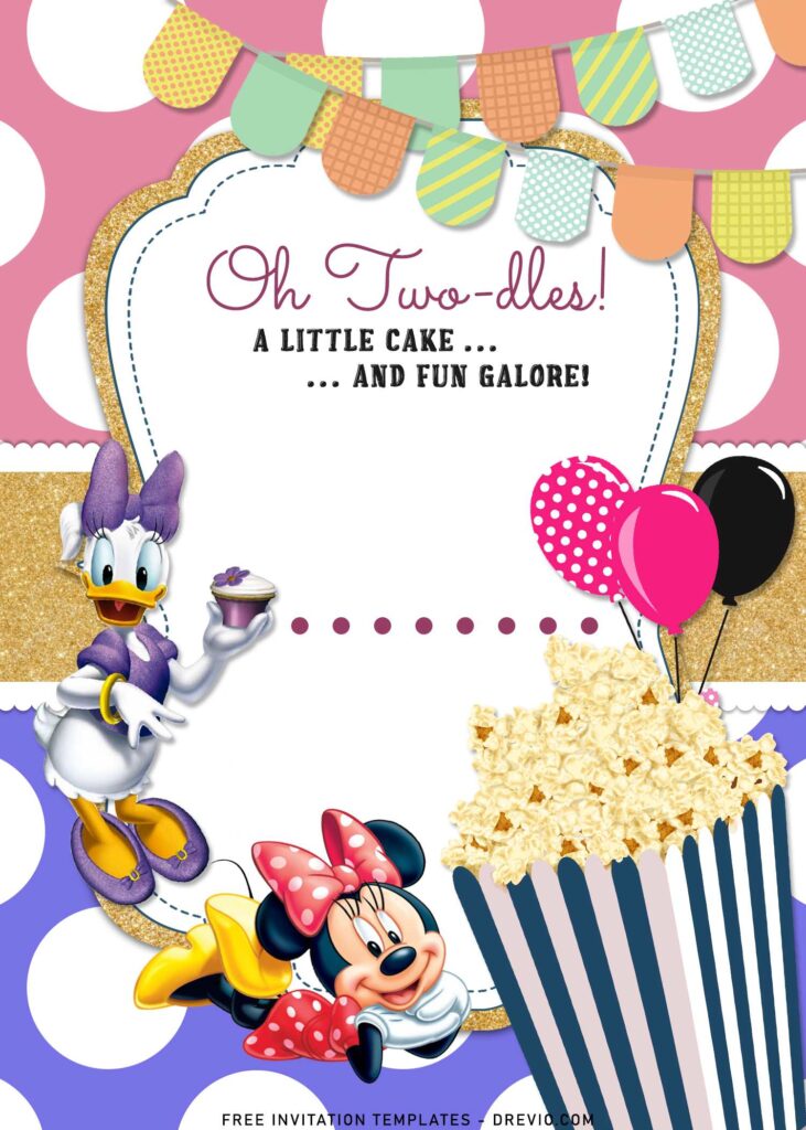 11+ Minnie Mouse And Daisy Joint Birthday Invitation Templates For Twin Girls with popcorn
