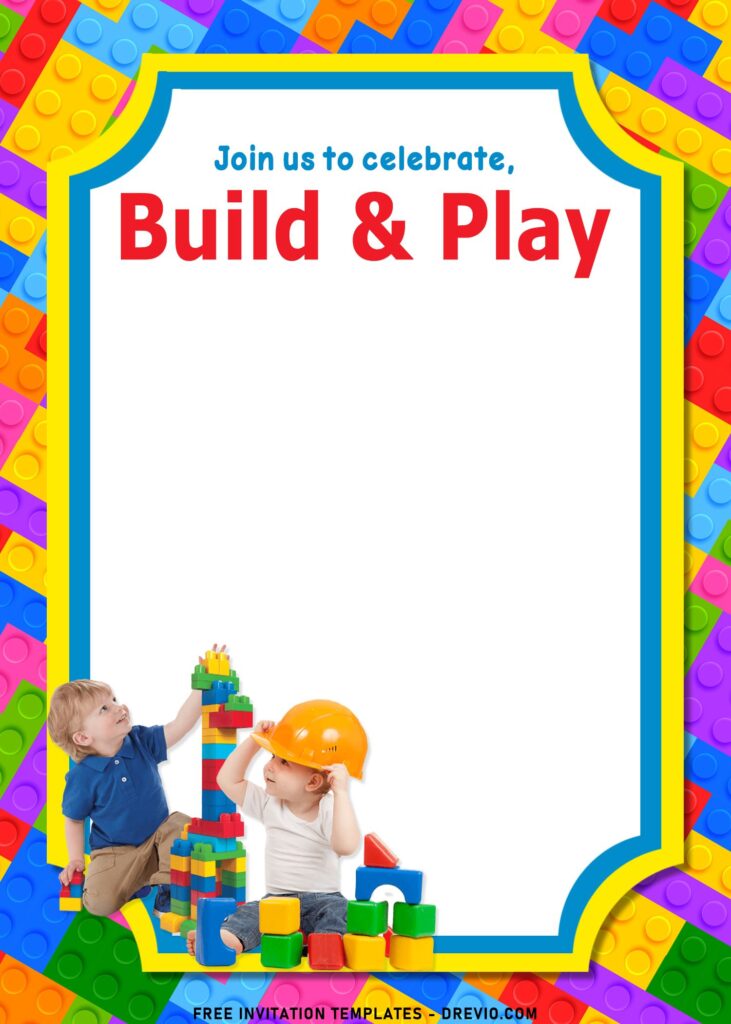 11+ Fun Building Blocks Party Birthday Invitation Templates with Lego brick background