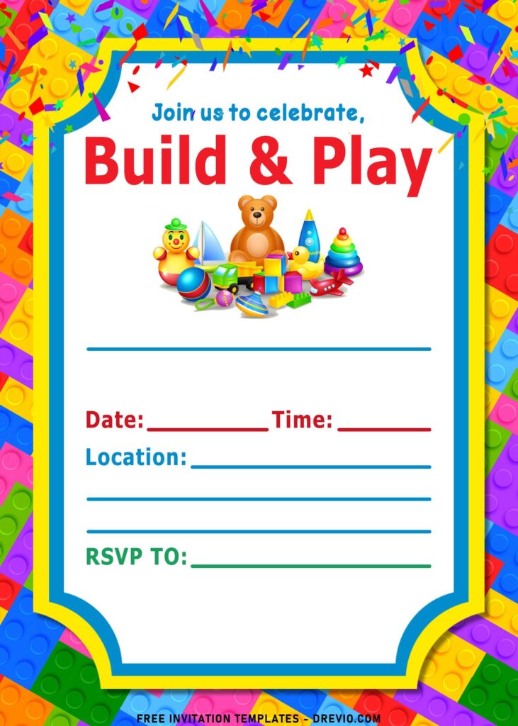 11+ Fun Building Blocks Party Birthday Invitation Templates with cute Teddy bear and kid toys