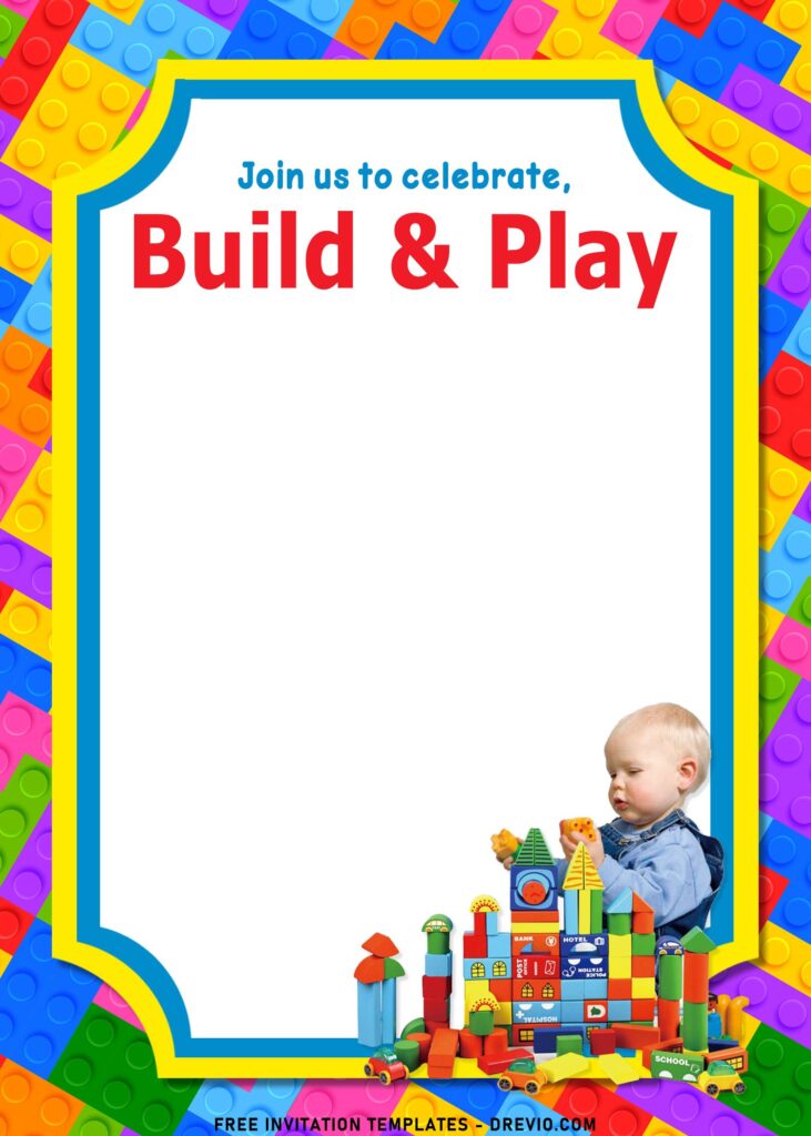 11+ Fun Building Blocks Party Birthday Invitation Templates with cute little baby playing building block