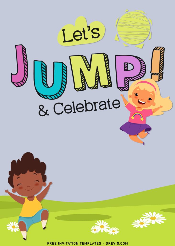 11+ Let's Jump Party Invitation Templates For Your Kids Next Bash with cute and colourful cartoon graphics