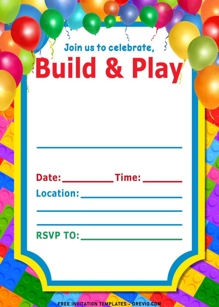 11+ Fun Building Blocks Party Birthday Invitation Templates with colorful balloons