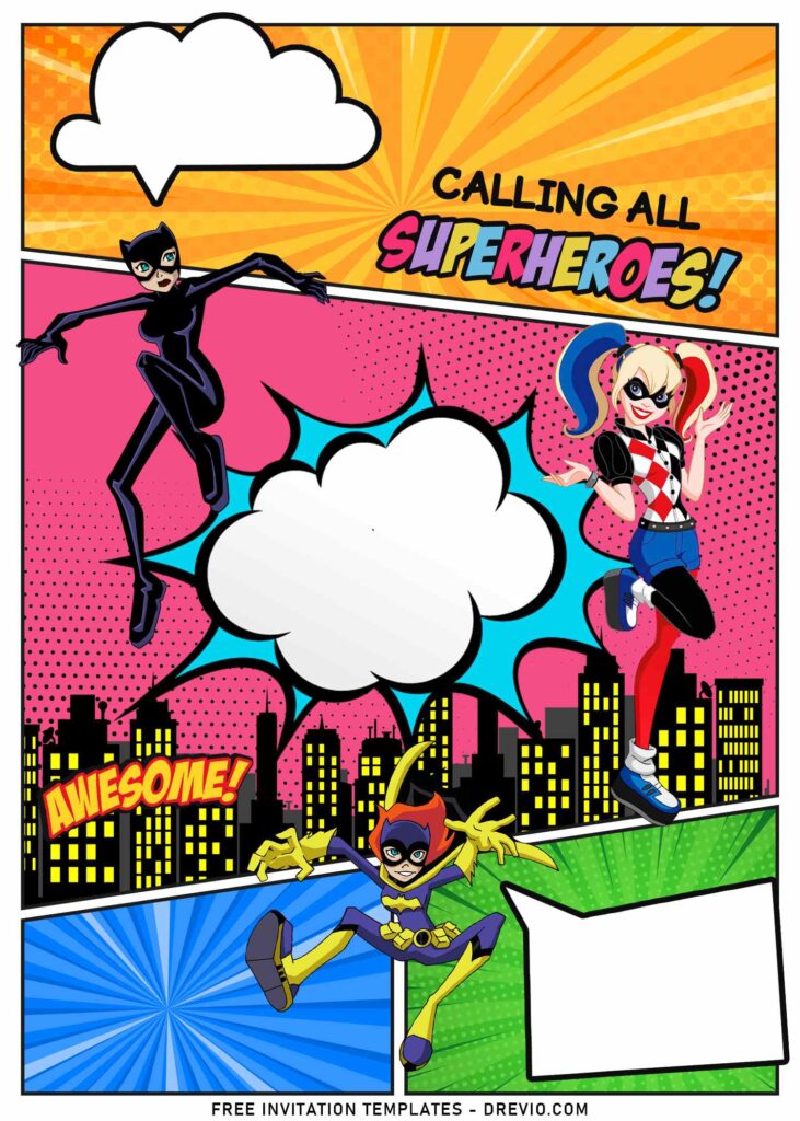11+ Girl Superhero Birthday Invitation Templates with Cat woman and Harley Queen