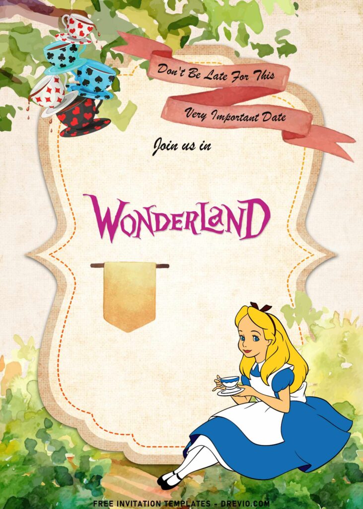 7+ Alice In Wonderland Birthday Invitation Templates with tea cup and Alice drinking tea