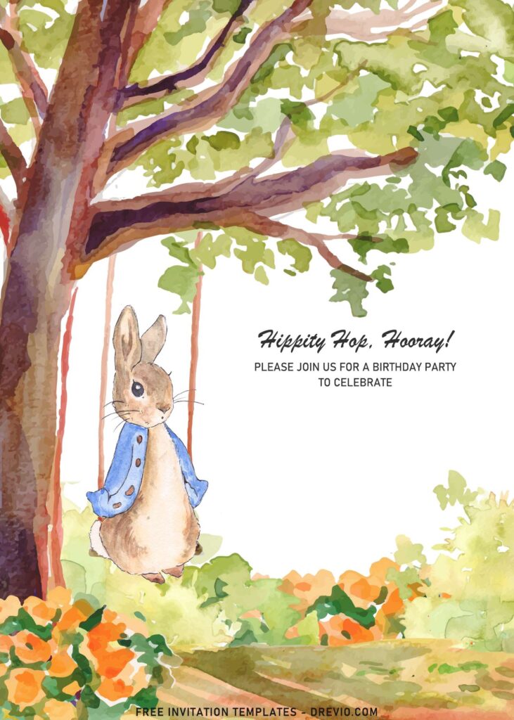 7+ Watercolor Peter The Rabbit Birthday Invitation Templates with Peter on Tree Swing