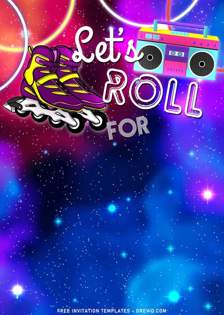 7+ Let's Roll Roller Skate Party Invitation Templates with Starry Night Background and Neon bracelets
