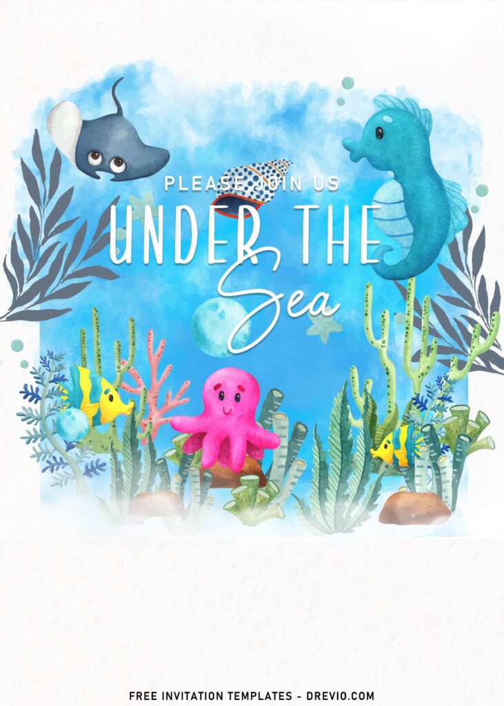 7+ Under The Sea First Birthday Invitation Templates with Watercolor Sea background