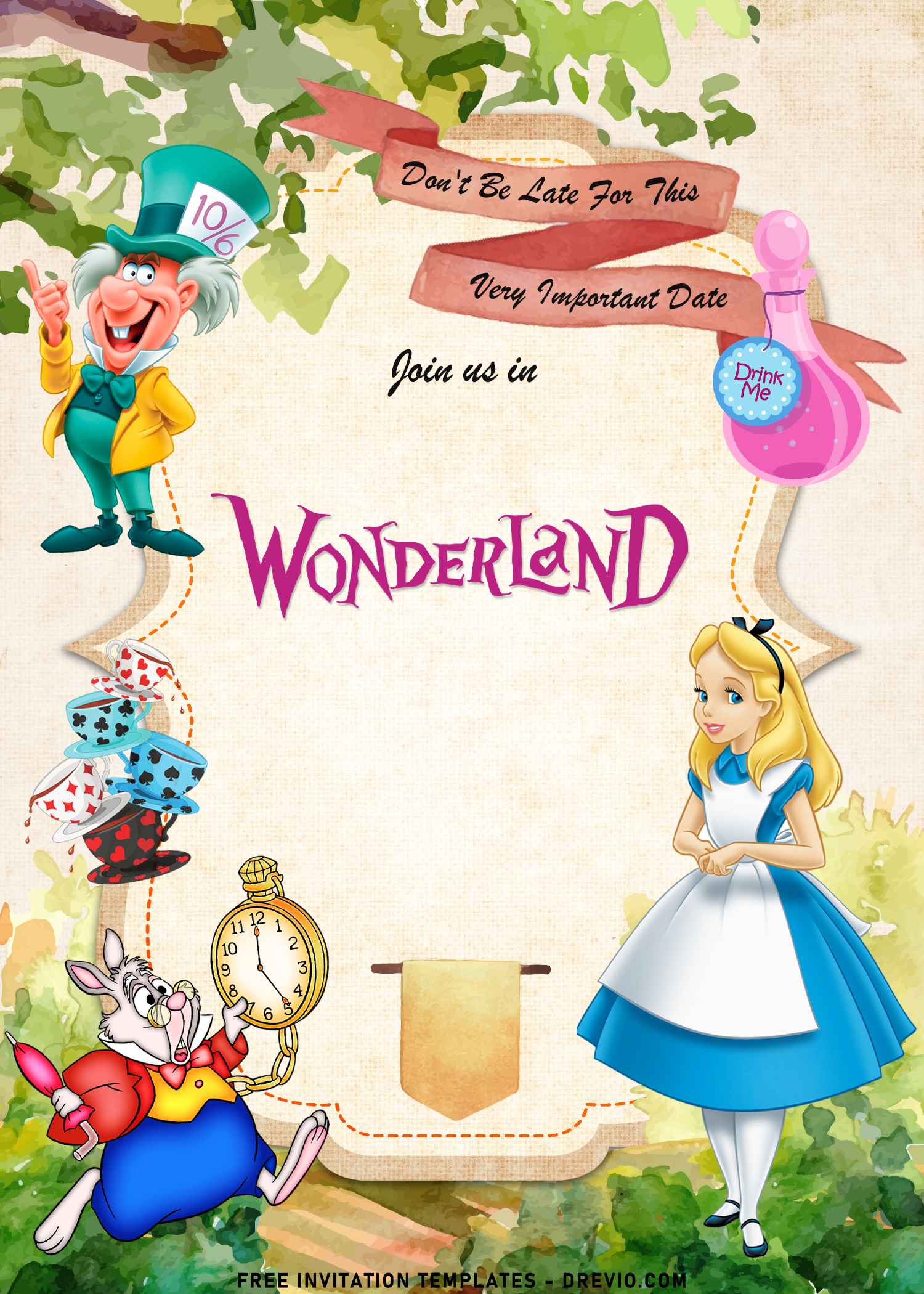 Don't Be Late Vintage Alice In Wonderland Wedding Invitation