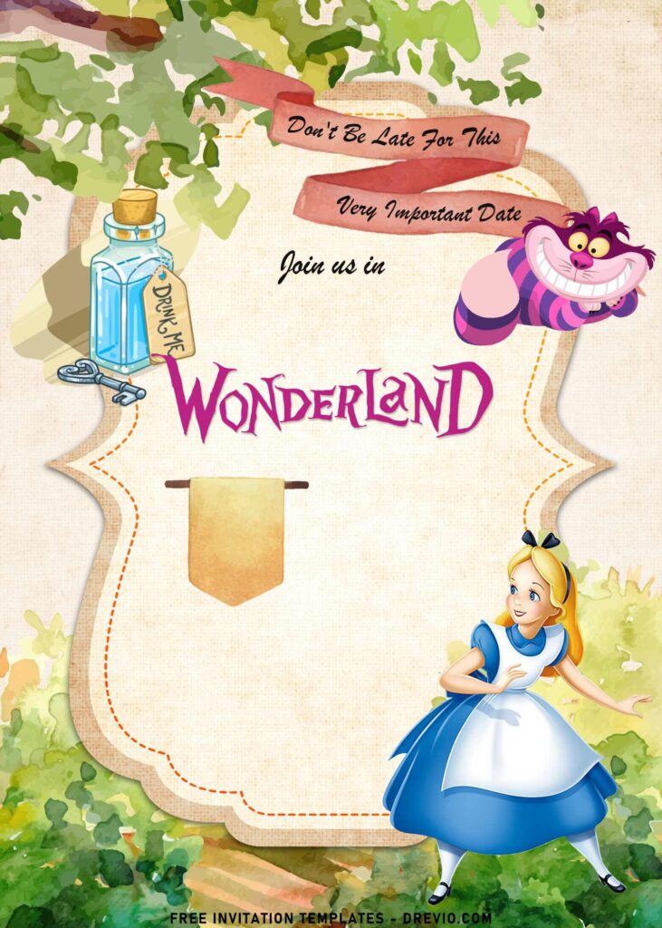 7+ Alice In Wonderland Birthday Invitation Templates with cute Cheshire Cat