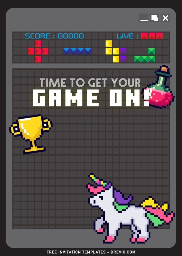9+ Tetris Theme Birthday Invitation Templates with Pixel Unicorn