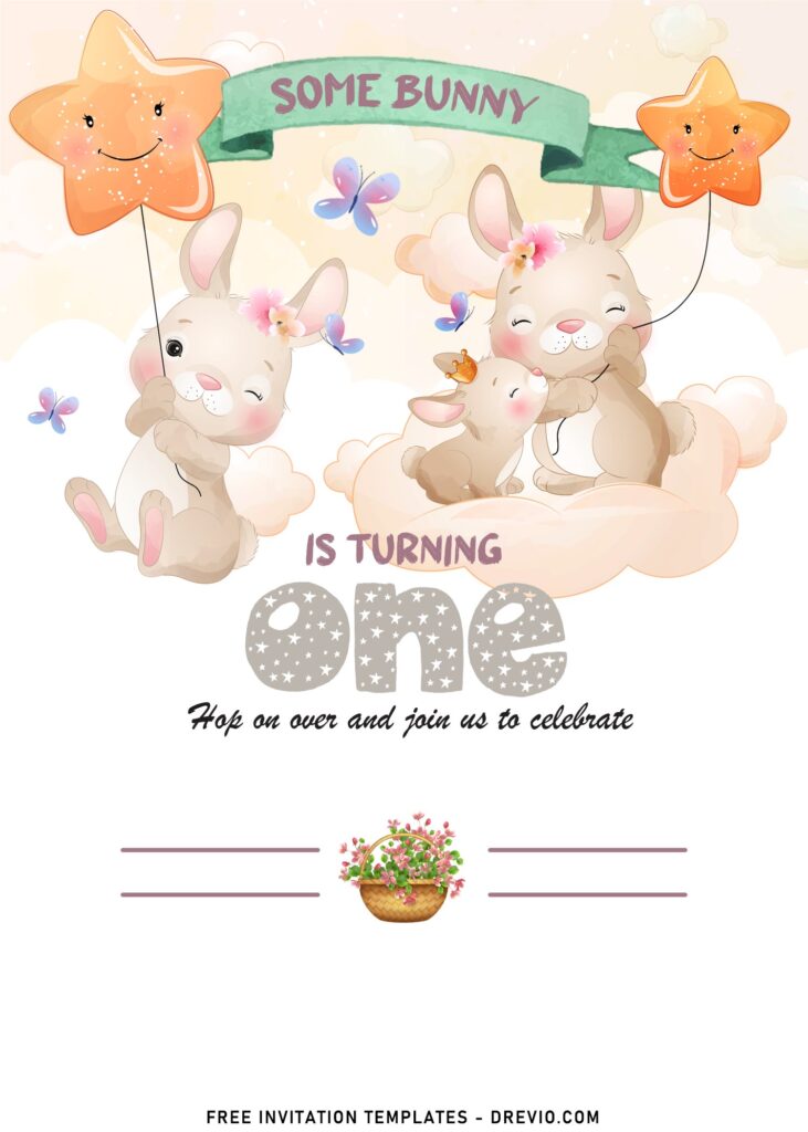 9+ Watercolor Some Bunny Birthday Invitation Templates with Bunny and Gold glitter balloons