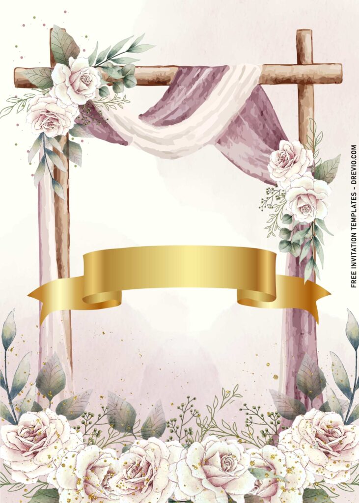 11+ Blush Watercolor Floral Arch Wedding Invitation Templates with stunning gold ribbon