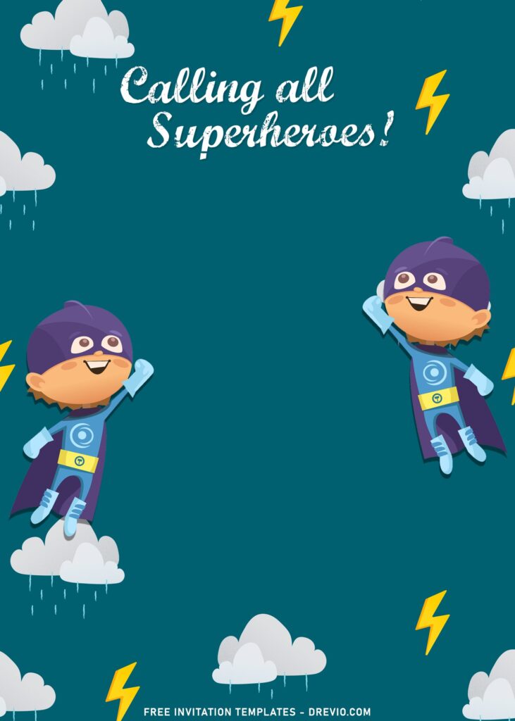7+ Incredible Superhero Cape Birthday Invitation Templates with adorable flying kid superhero