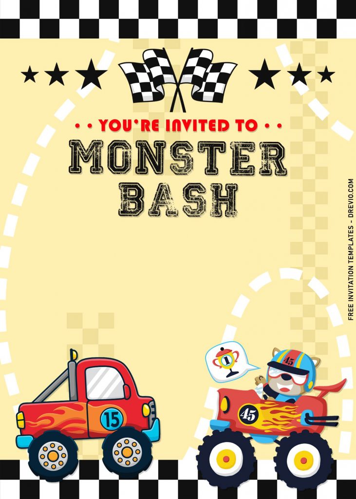 7+ Boys Monster Truck Bash Birthday Invitation Templates For All Ages with awesome race track background