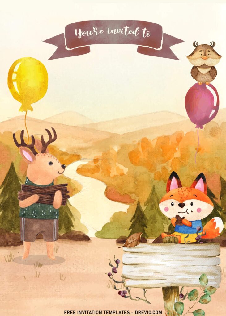 7+ Watercolor Woodland Forest Animals Birthday Invitation Templates with deer and balloons