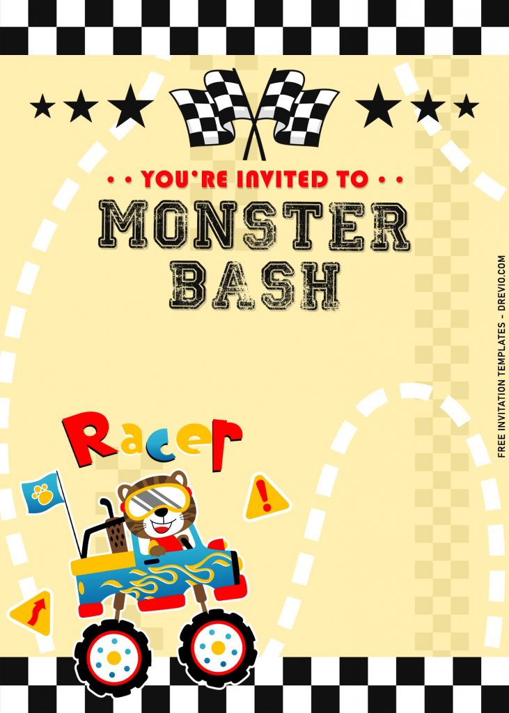 7+ Boys Monster Truck Bash Birthday Invitation Templates For All Ages with cartoon race car