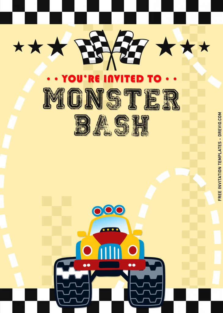 7+ Boys Monster Truck Bash Birthday Invitation Templates For All Ages with race flag border