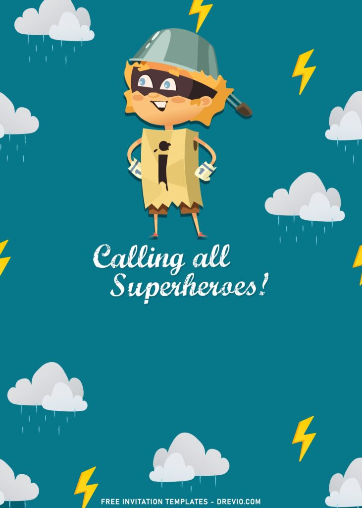 7+ Incredible Superhero Cape Birthday Invitation Templates with cartoon lightning bolts and clouds