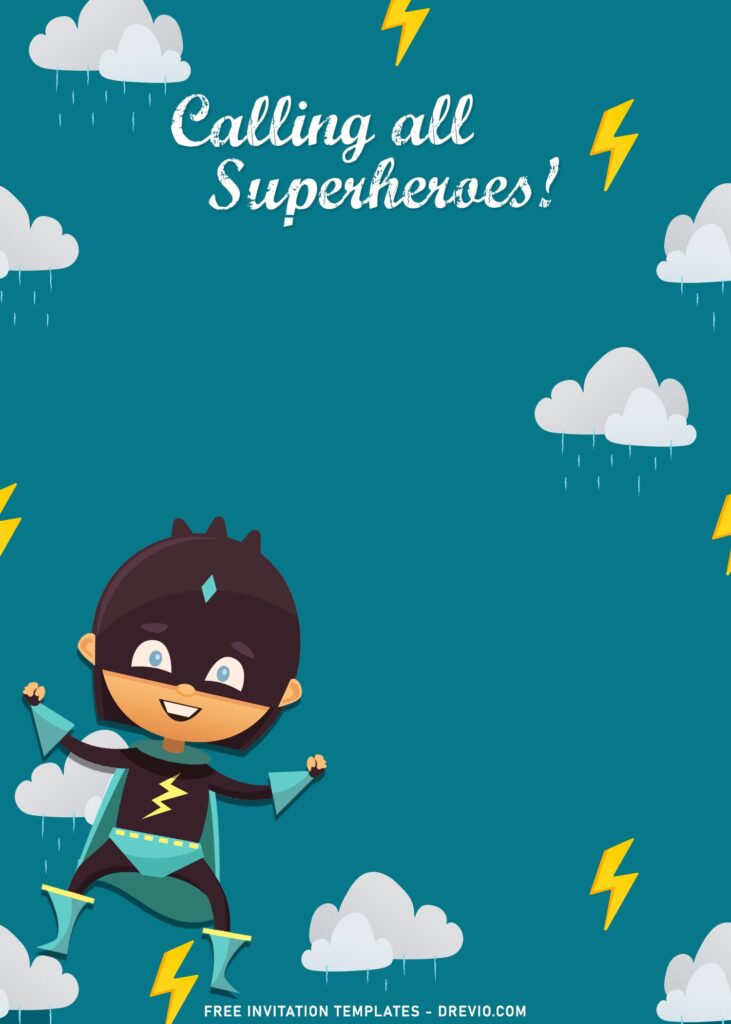 7+ Incredible Superhero Cape Birthday Invitation Templates with adorable kid superhero with cape and eyepatches