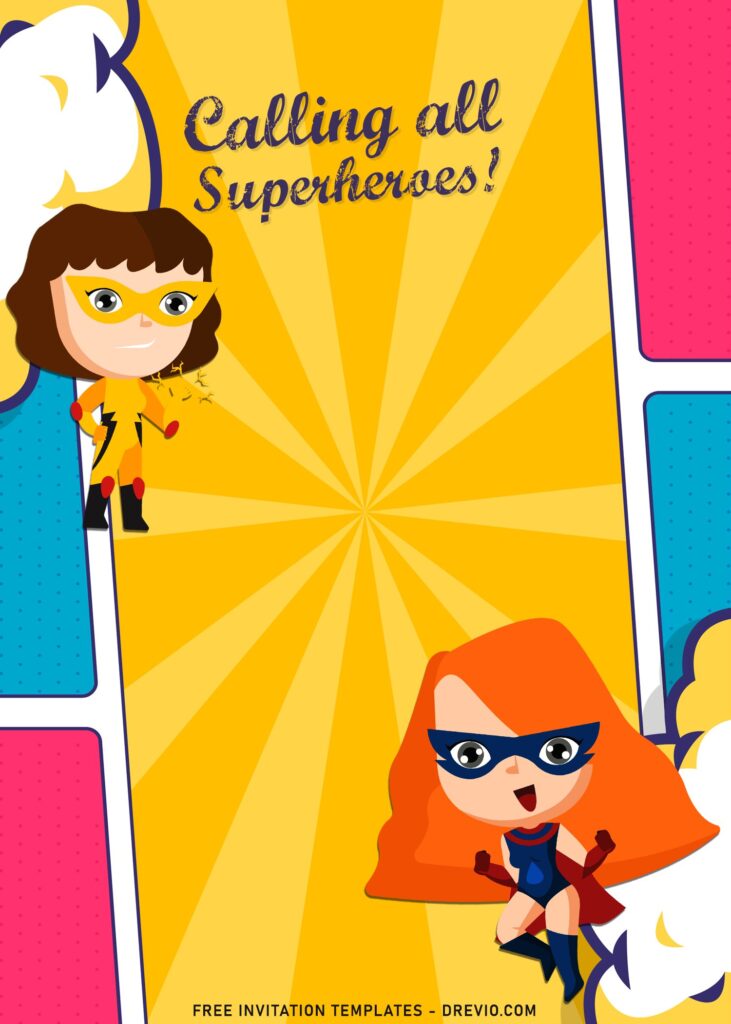 7+ Cute Pop Up Art Girl Superhero Birthday Invitation Templates with adorable girl superheroes