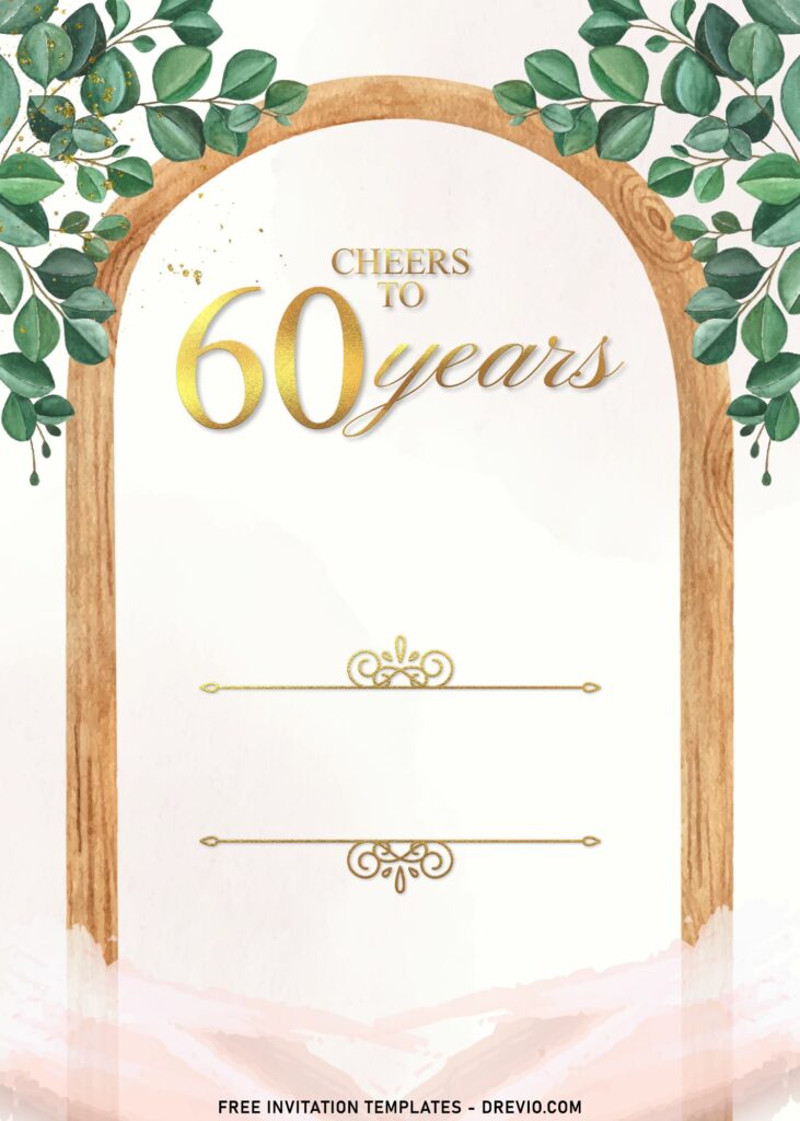 7+ Simple And Elegant Cheers To 60 Years Invitation Templates With Vines and stunning gold wording