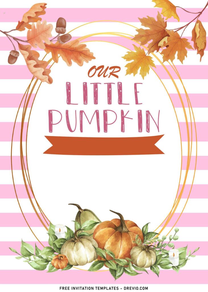 7+ Cute Little Pumpkin First Birthday Party Invitation Templates with watercolor pumpkin and autumn leaves
