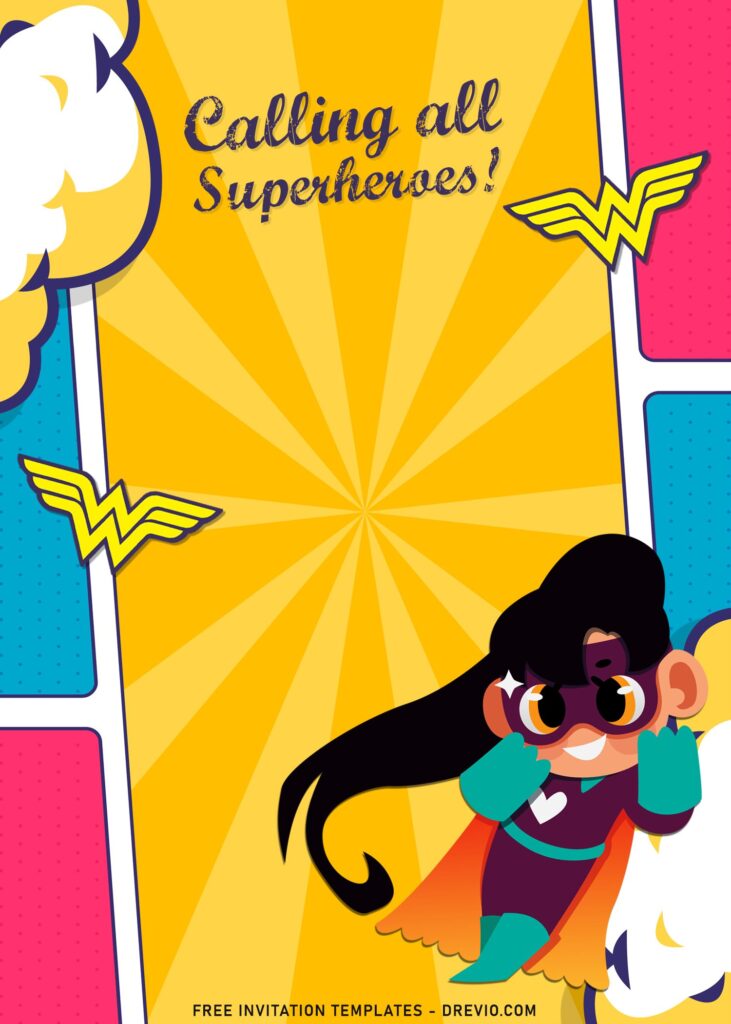 7+ Cute Pop Up Art Girl Superhero Birthday Invitation Templates with colorful comic book strips