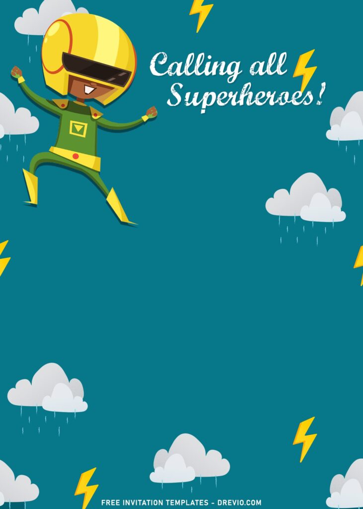 7+ Incredible Superhero Cape Birthday Invitation Templates with green superhero wearing retro cyborg helmet