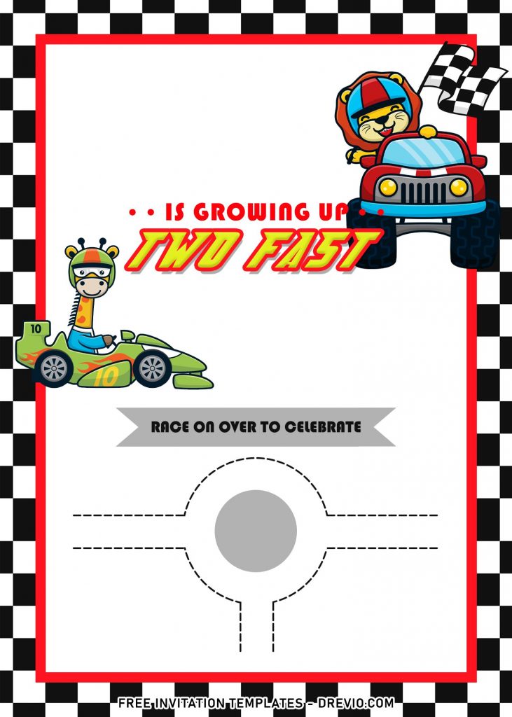 8+ Awesome Racing Formula 1 Boys Birthday Invitation Templates with cute giraffe behind the steering wheel