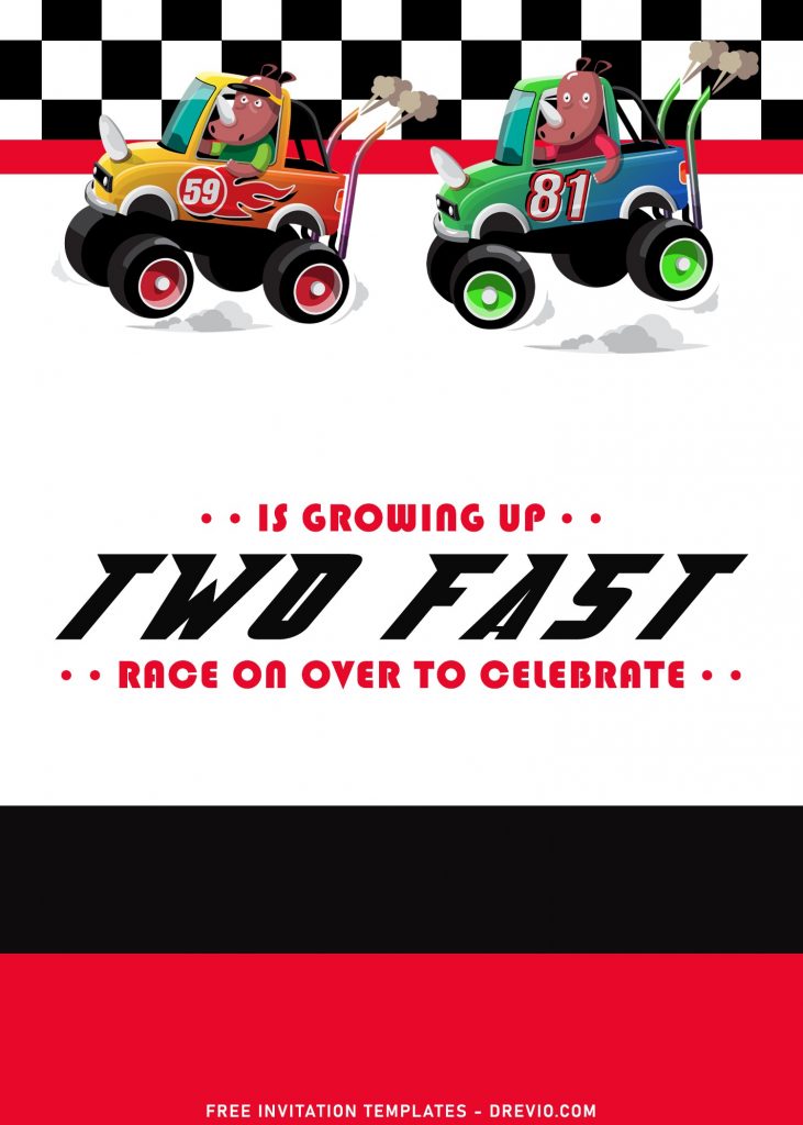 9+ Awesome Two Fast 2nd Birthday Party Invitation Templates For Boys with adorable animals are riding race car and monster truck