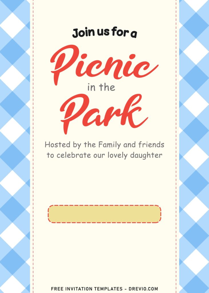 9+ Classic Gingham Picnic In The Park Birthday Invitation Templates with light blue gingham