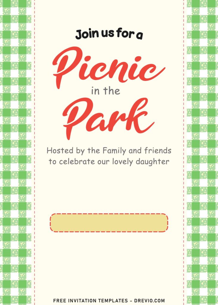 9+ Classic Gingham Picnic In The Park Birthday Invitation Templates with green gingham pattern