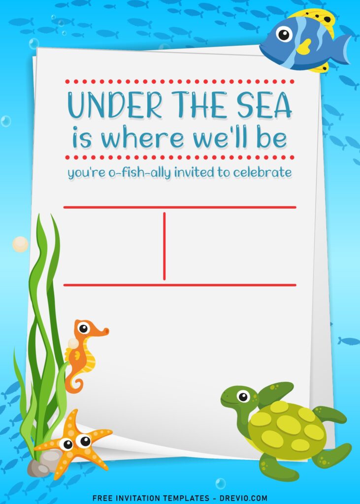 11+ Cute Fish Under The Sea Theme Birthday Invitation Templates with sea turtle