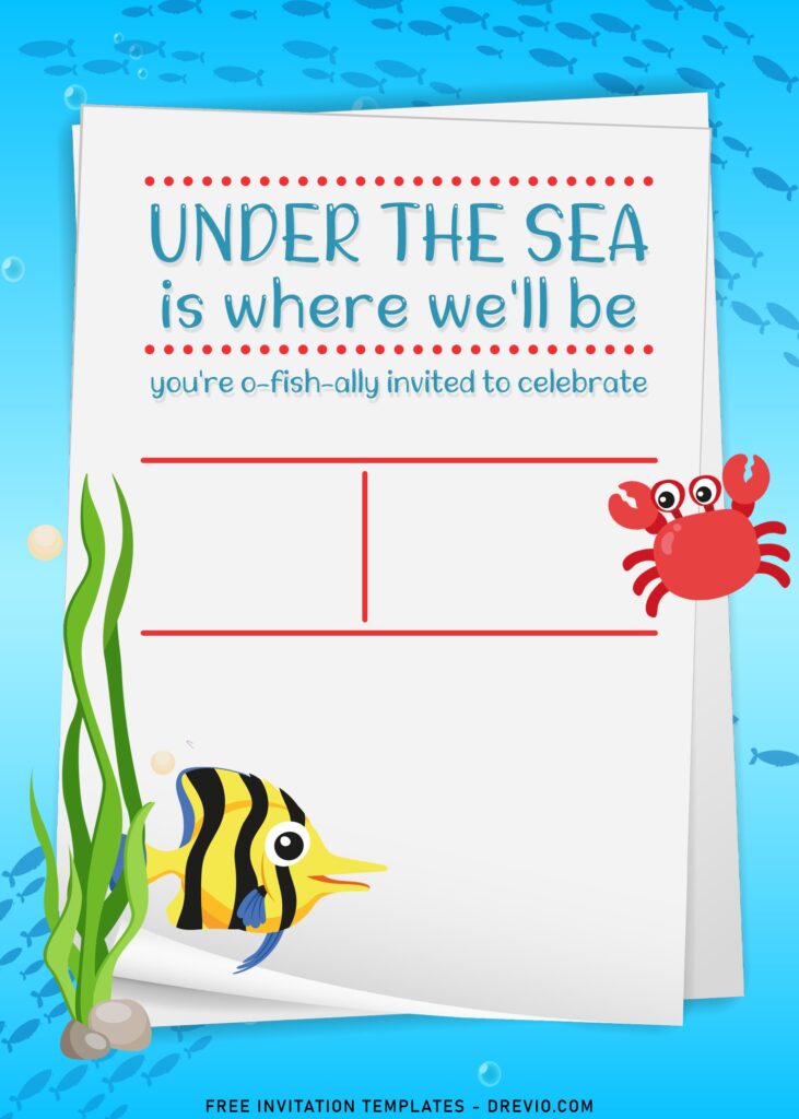 11+ Cute Fish Under The Sea Theme Birthday Invitation Templates with adorable crab