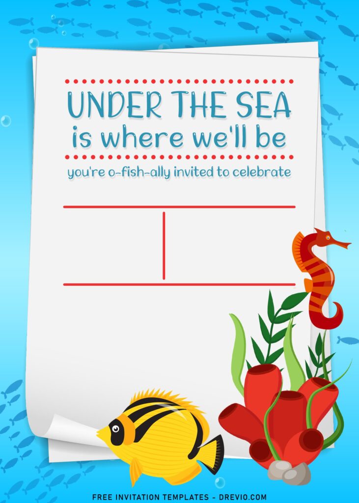 11+ Cute Fish Under The Sea Theme Birthday Invitation Templates with sea horse and coral reef
