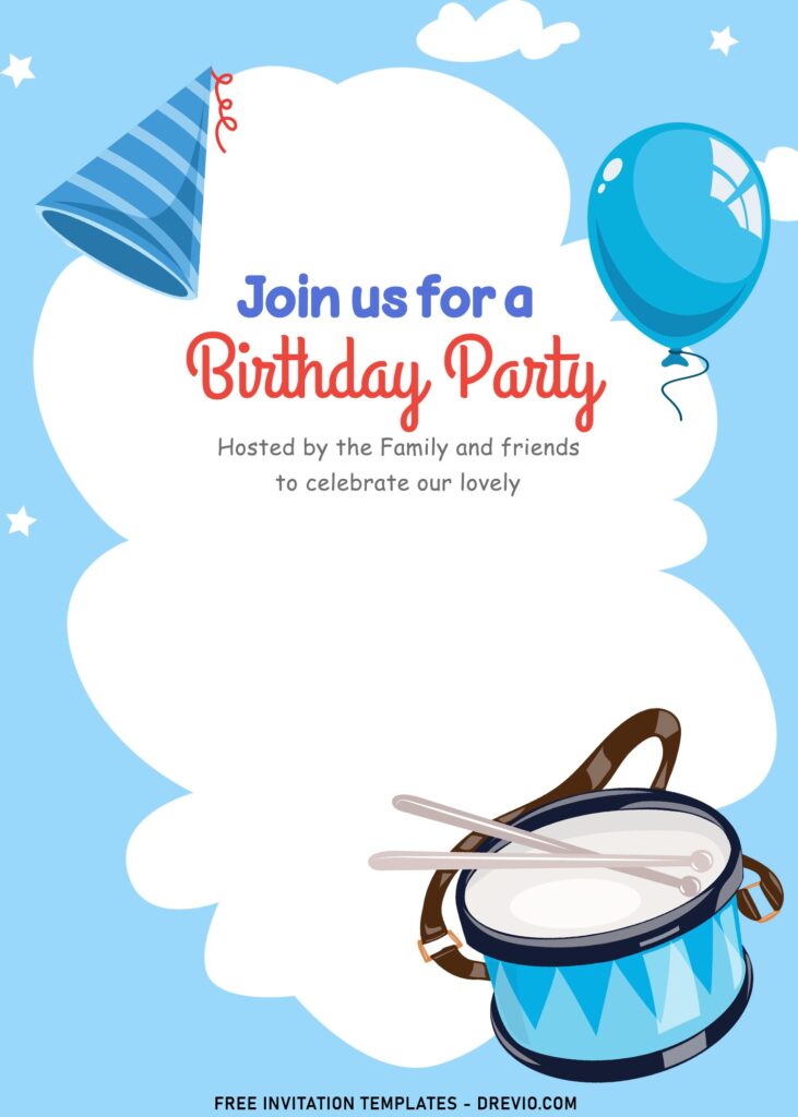 7+ Cheerful And Colorful Birthday Invitation Templates For Children with cute drum for kid