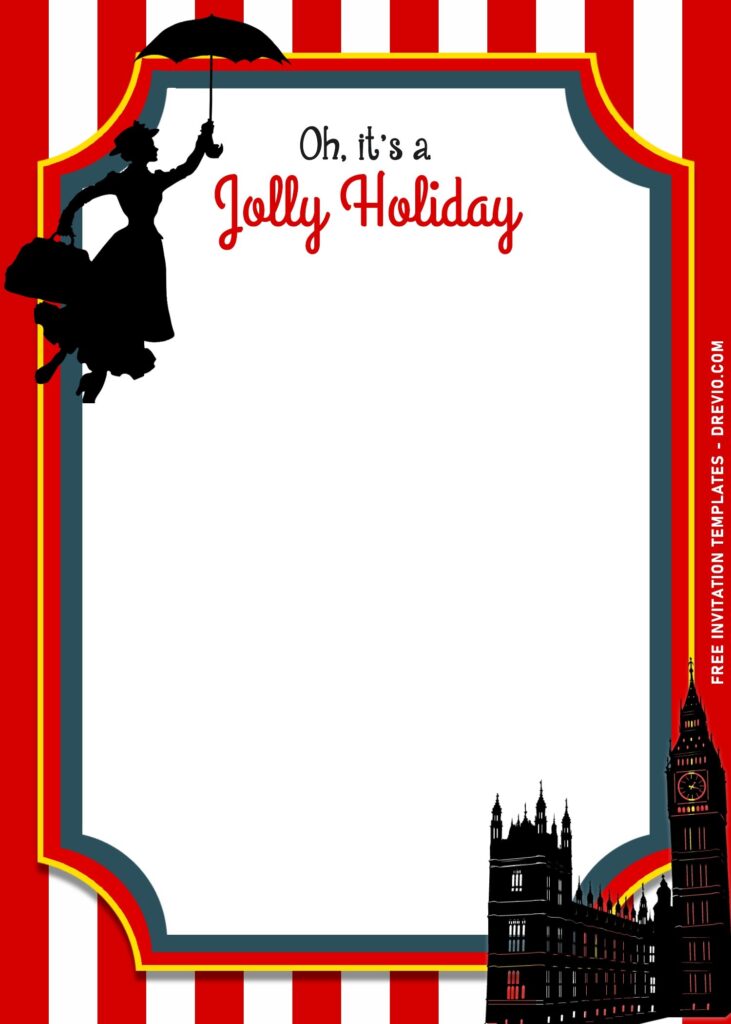 7+ Jolly Holiday Mary Poppins Returns Birthday Invitation Templates with White & Red Stripes background