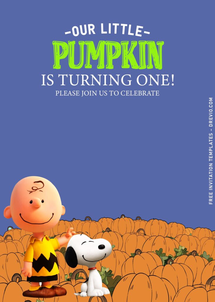 10+ Charlie Brown And Friends Pumpkin Birthday Invitation Templates with beautiful blue background and portrait orientation